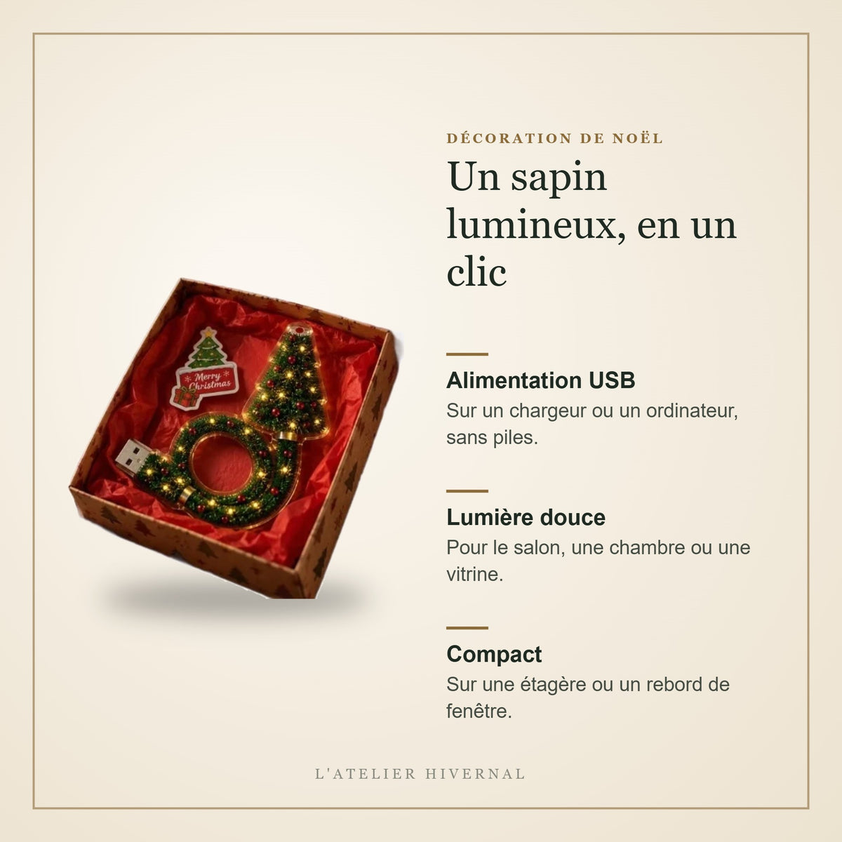 Caractéristiques du sapin lumineux : alimentation USB, lumière douce, compact