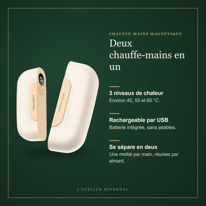 Caractéristiques du chauffe-mains : 3 niveaux de chaleur, rechargeable USB, se sépare en deux