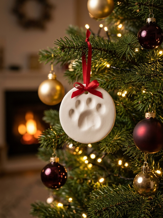 Empreinte de patte en argile blanche suspendue au sapin de Noël par un ruban rouge