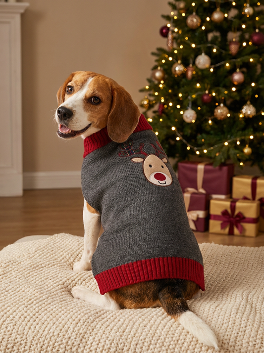 Beagle portant le pull de Noël gris tricoté avec renne brodé devant le sapin