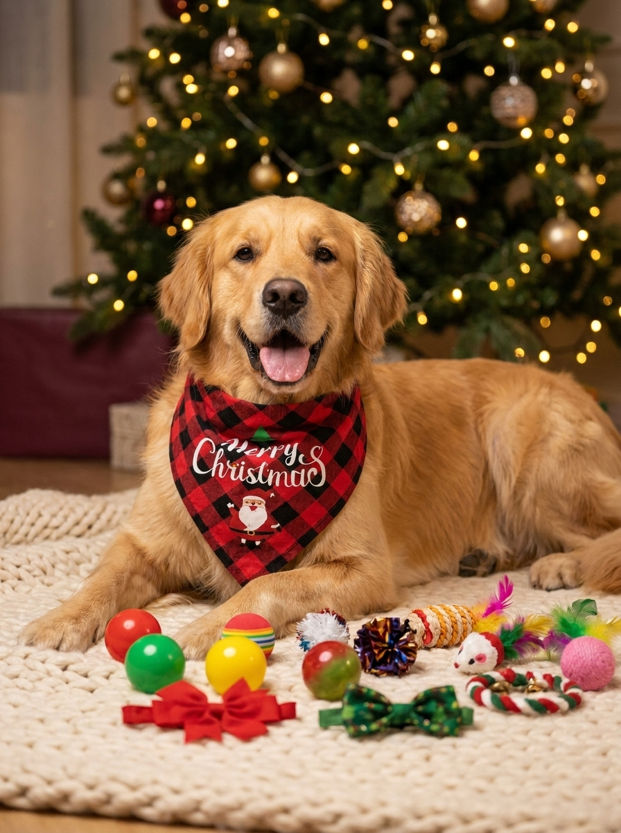 Golden retriever avec bandana Merry Christmas et les jouets du calendrier de l'Avent devant le sapin