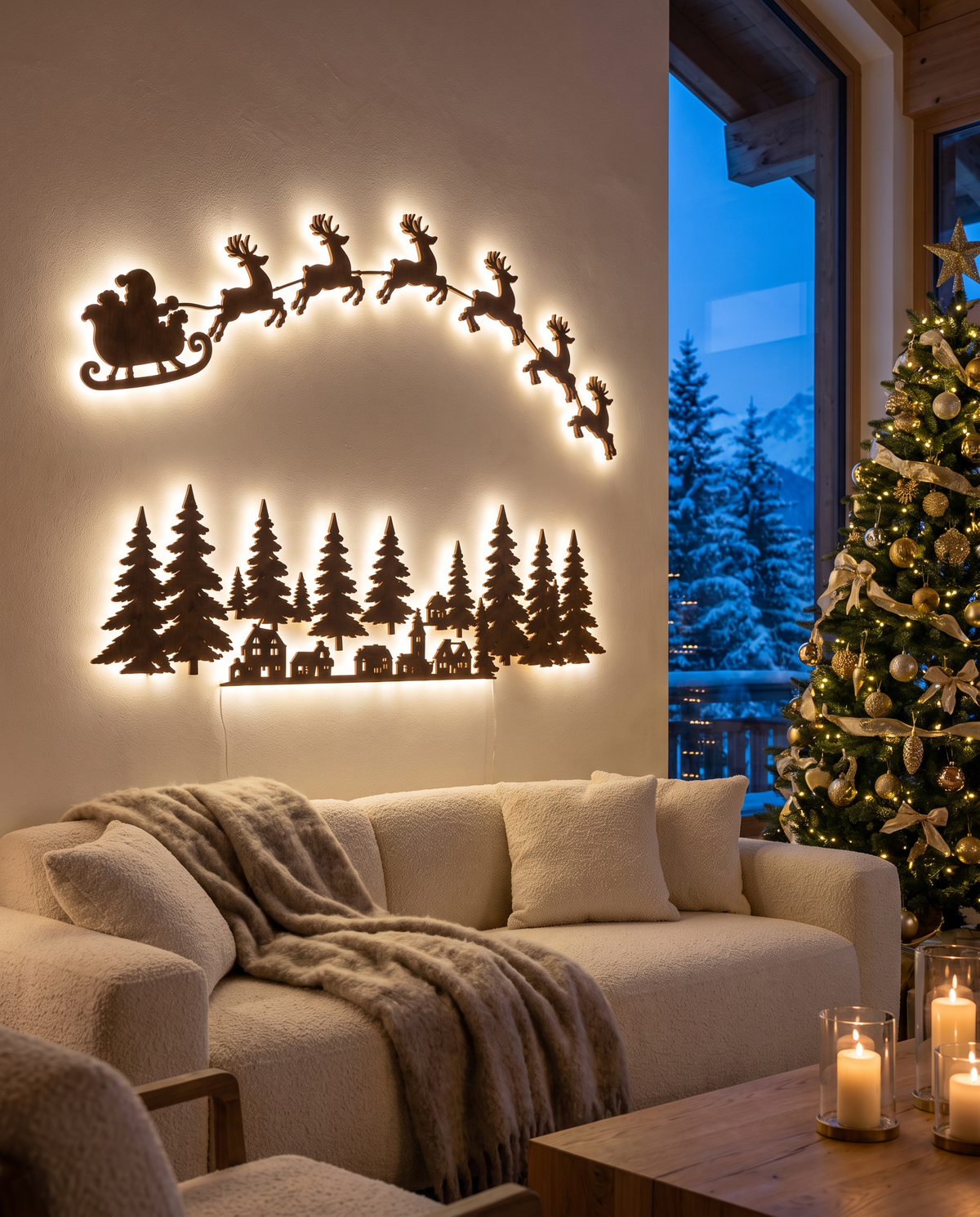 Scène complète traîneau, rennes, sapins et village lumineux dans un salon de Noël