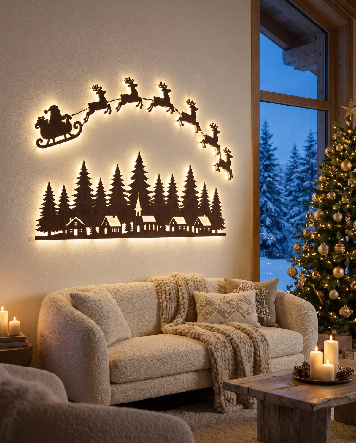 Traîneau du Père Noël lumineux et forêt de sapins rétroéclairés au-dessus d'un canapé dans un chalet