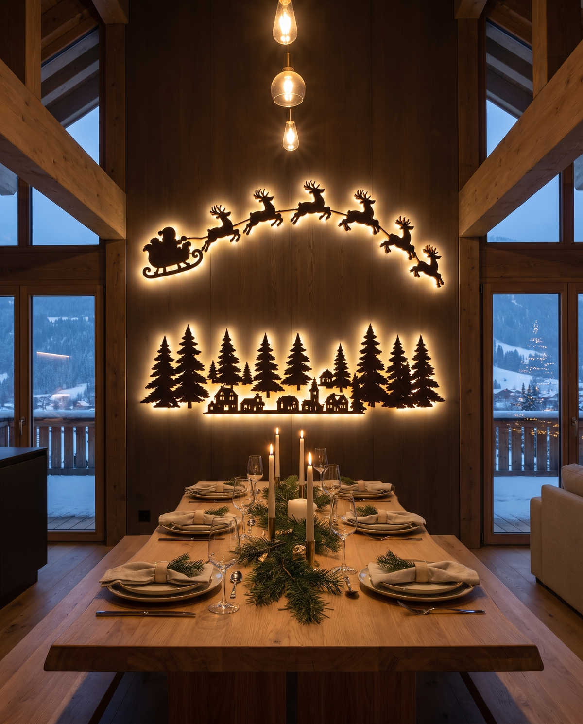 Scène complète lumineuse au-dessus d'une table de Noël dans un chalet