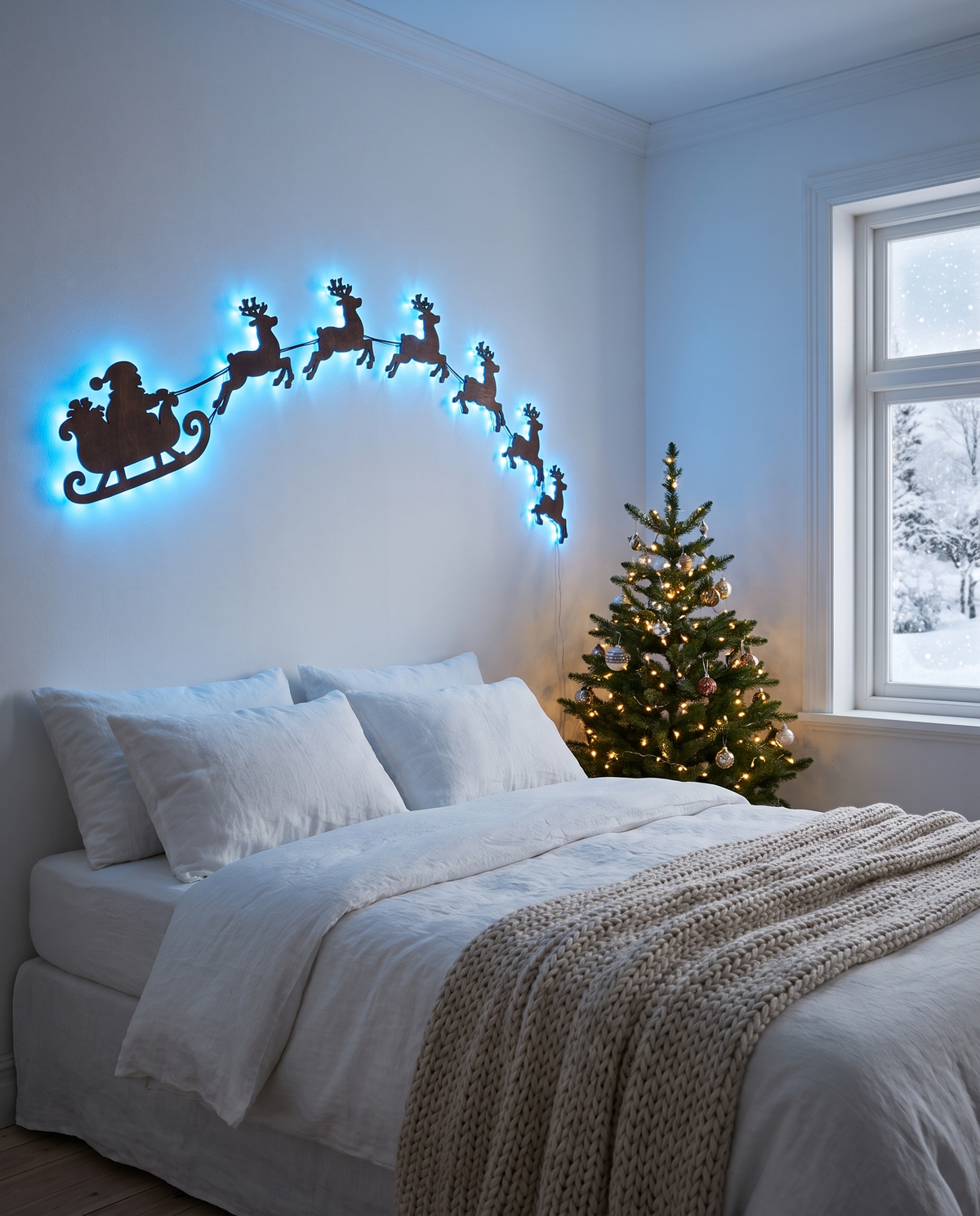 Traîneau du Père Noël et rennes éclairés en bleu glacier au-dessus d'un lit