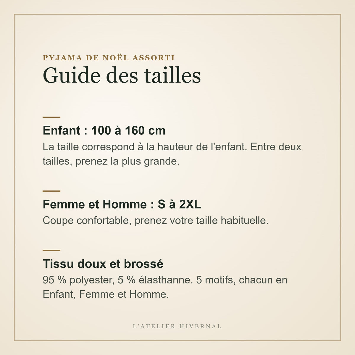 Guide des tailles du pyjama de Noël : enfant 100 à 160 cm, adulte S à 2XL