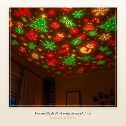 Motifs de Noël projetés au plafond d'une chambre