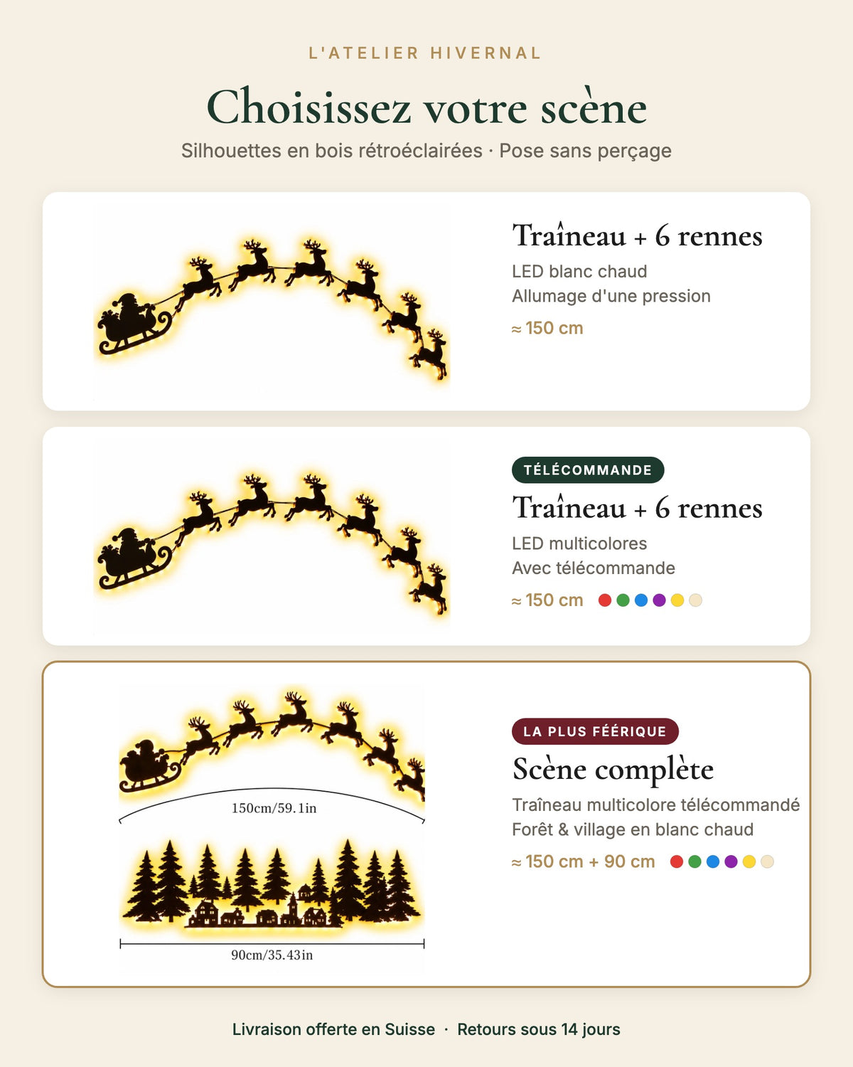Les 3 versions : blanc chaud, multicolore avec télécommande, scène complète